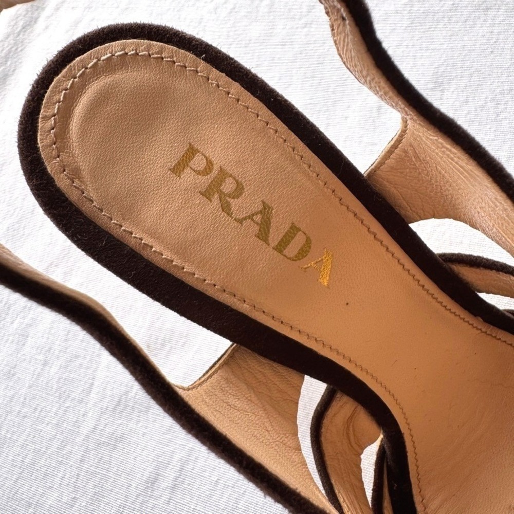 Prada Brown Suede Espadrille Wedge Sandals Slingback Ruched Italian Size 38.5 - Picture 9 of 9